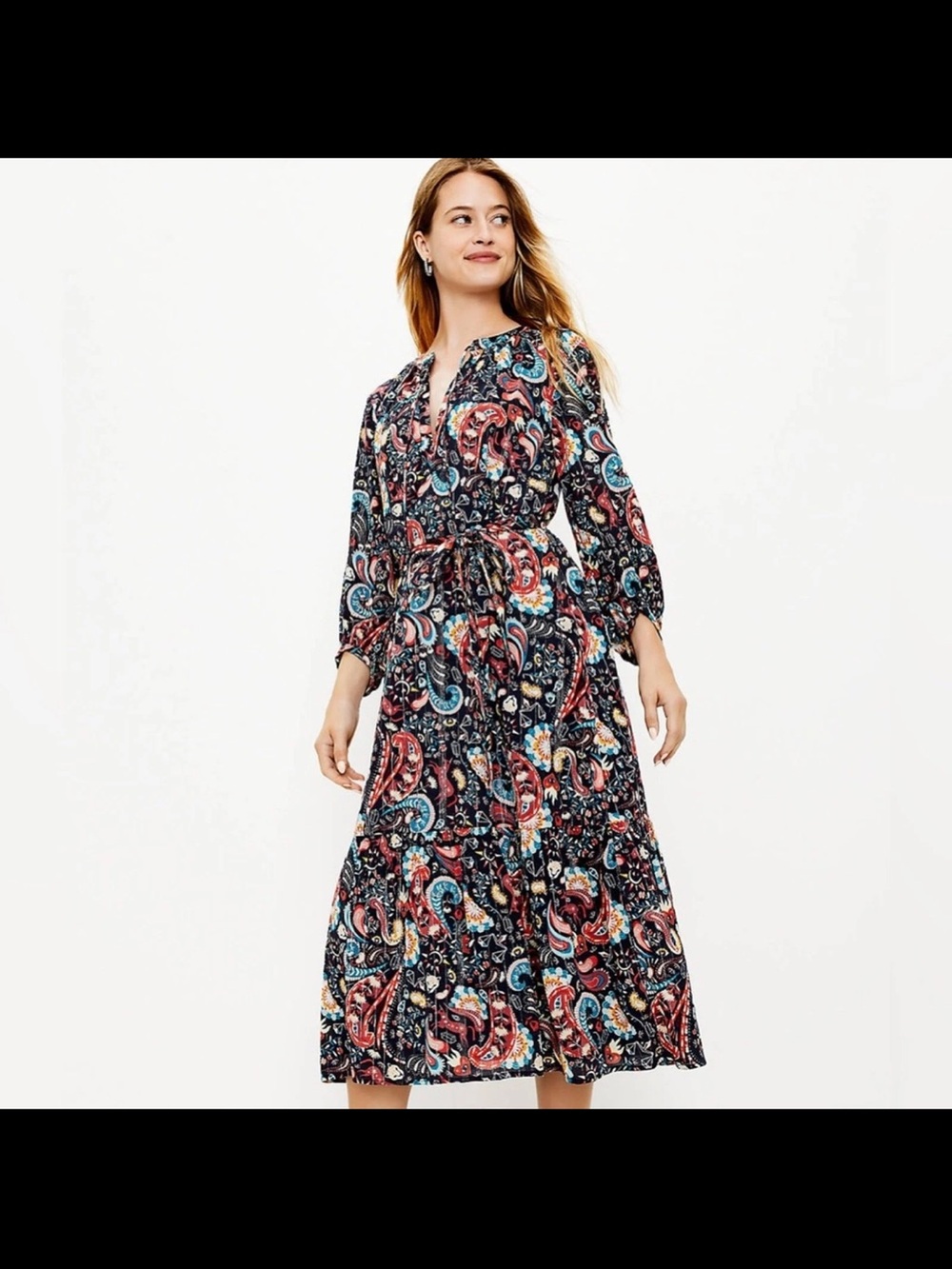 LOFT Blue Shimmer  Paisley Midi Dress with Multicolor Print